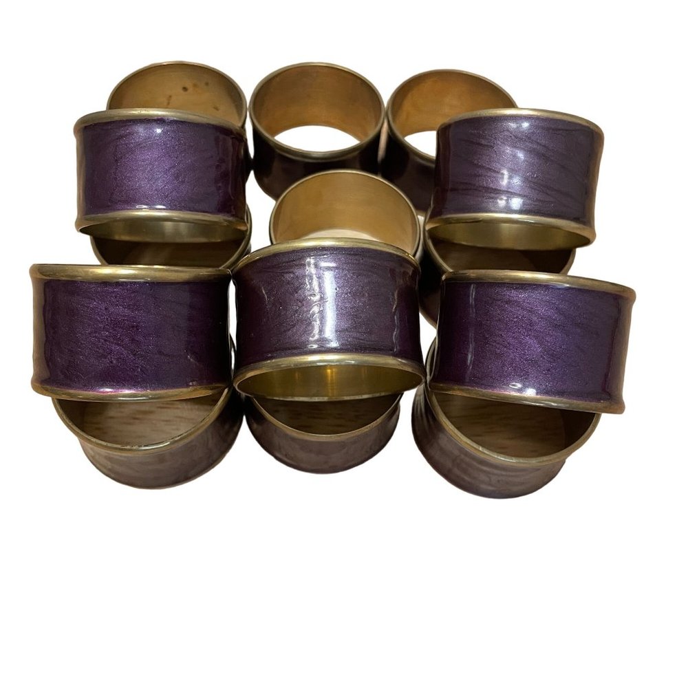 Solid Brass Purple Enamel Round Napkin Ring Holders Hollywood Regency Set of 14